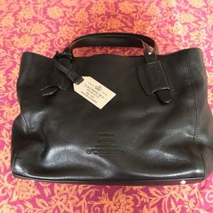 Black leather handbag.